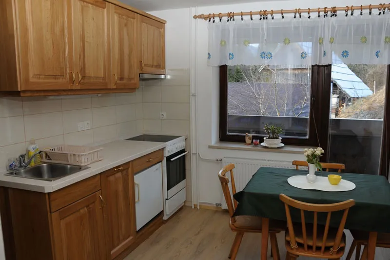 Apartma 0: kuhinja z oknom in jedilno mizo