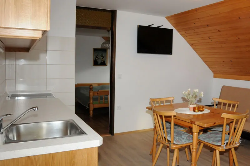 Apartma 4: kuhinja in jedilni prostor pod poševnim stropom