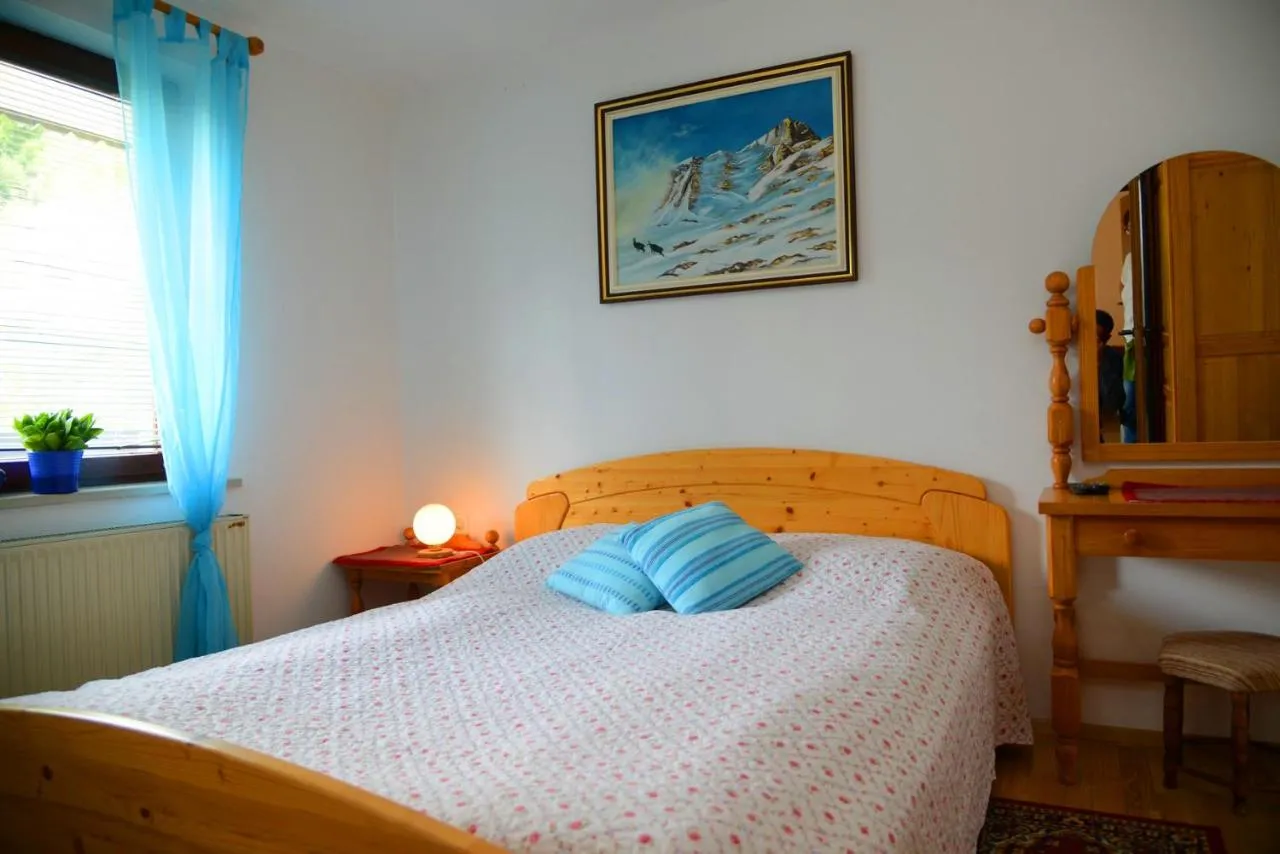 Spalnica z zakonsko posteljo, modrimi blazinami in sliko gora
