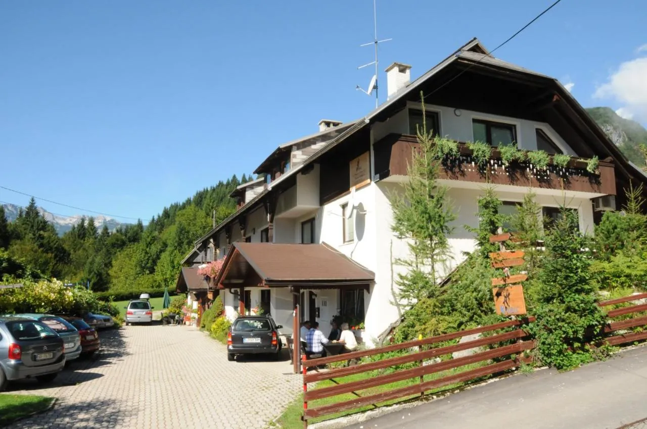 Hiša s ceste: balkoni z rožami, parkirišče in leseno ograjo