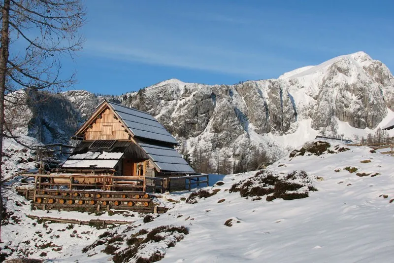 Koča pozimi v snegu, za njo zasnežene gore