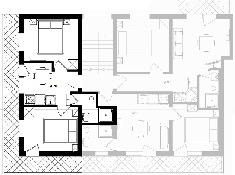 Tloris etaže, apartma 0 je označen s krepko črto