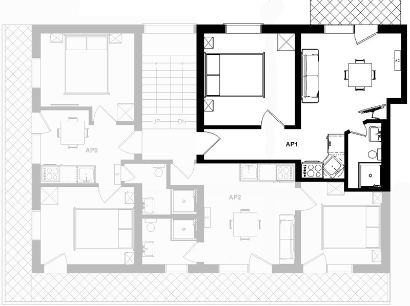 Tloris etaže, apartma 1 je označen s krepko črto