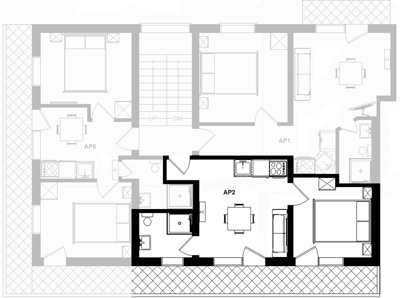 Tloris etaže, apartma 2 je označen s krepko črto