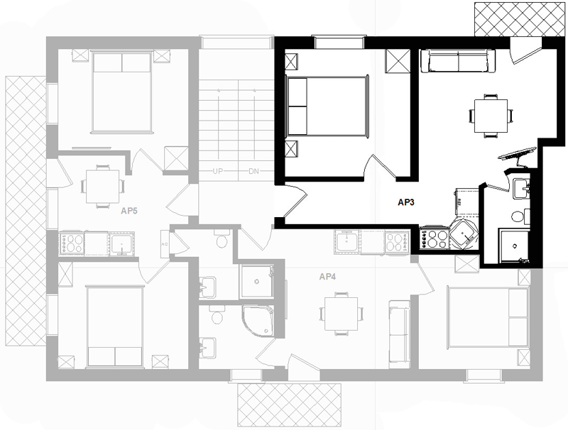 Tloris etaže, apartma 3 je označen s krepko črto