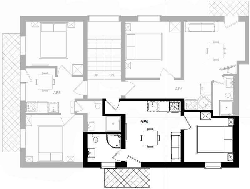 Tloris etaže, apartma 4 je označen s krepko črto