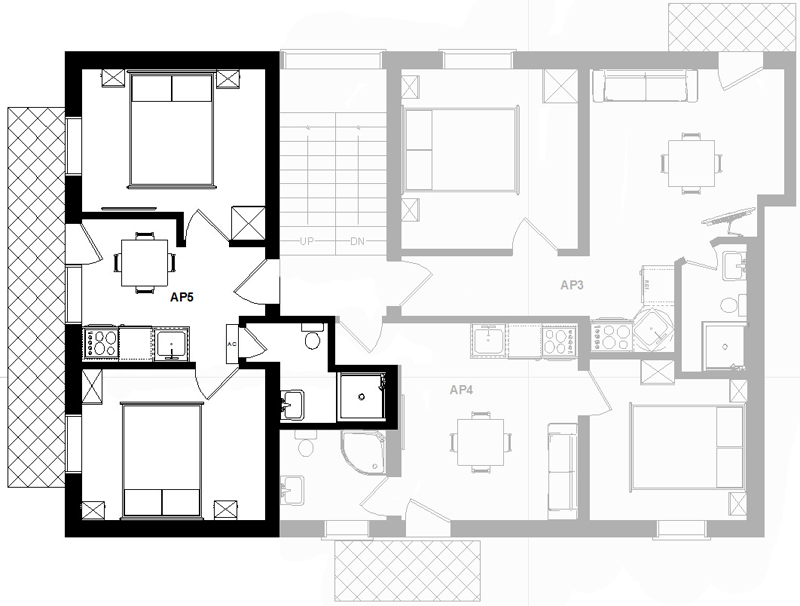 Tloris etaže, apartma 5 je označen s krepko črto